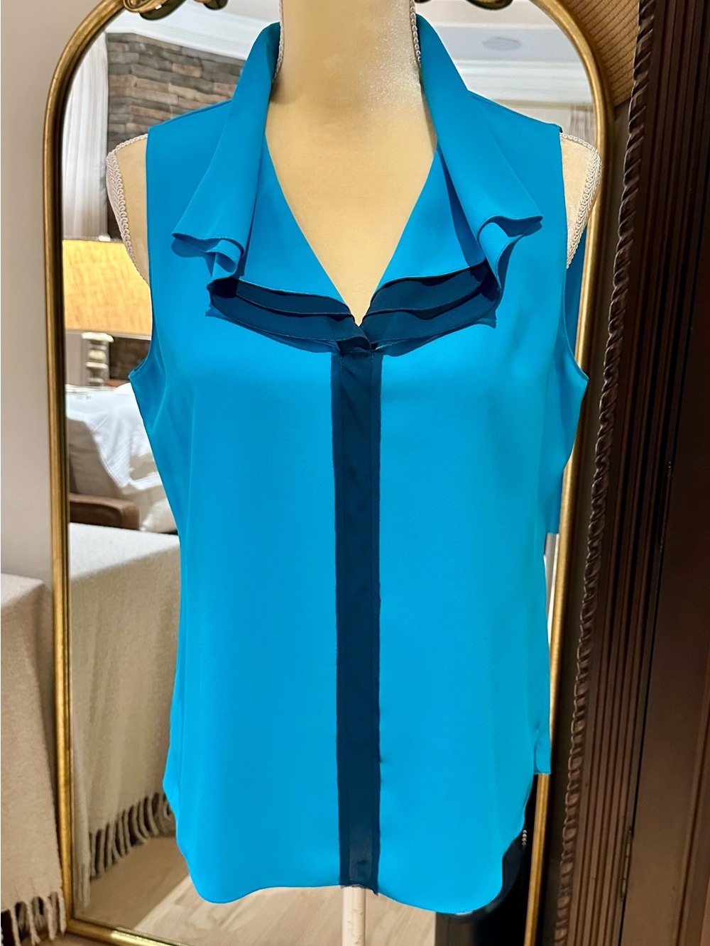 T Tahari Sleeveless Ruffle-Trim V-Neck Camisole in Bright Teal with Dark Trim